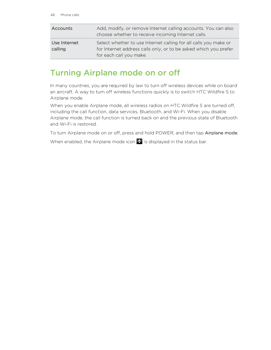 HTC S manual Turning Airplane mode on or off 