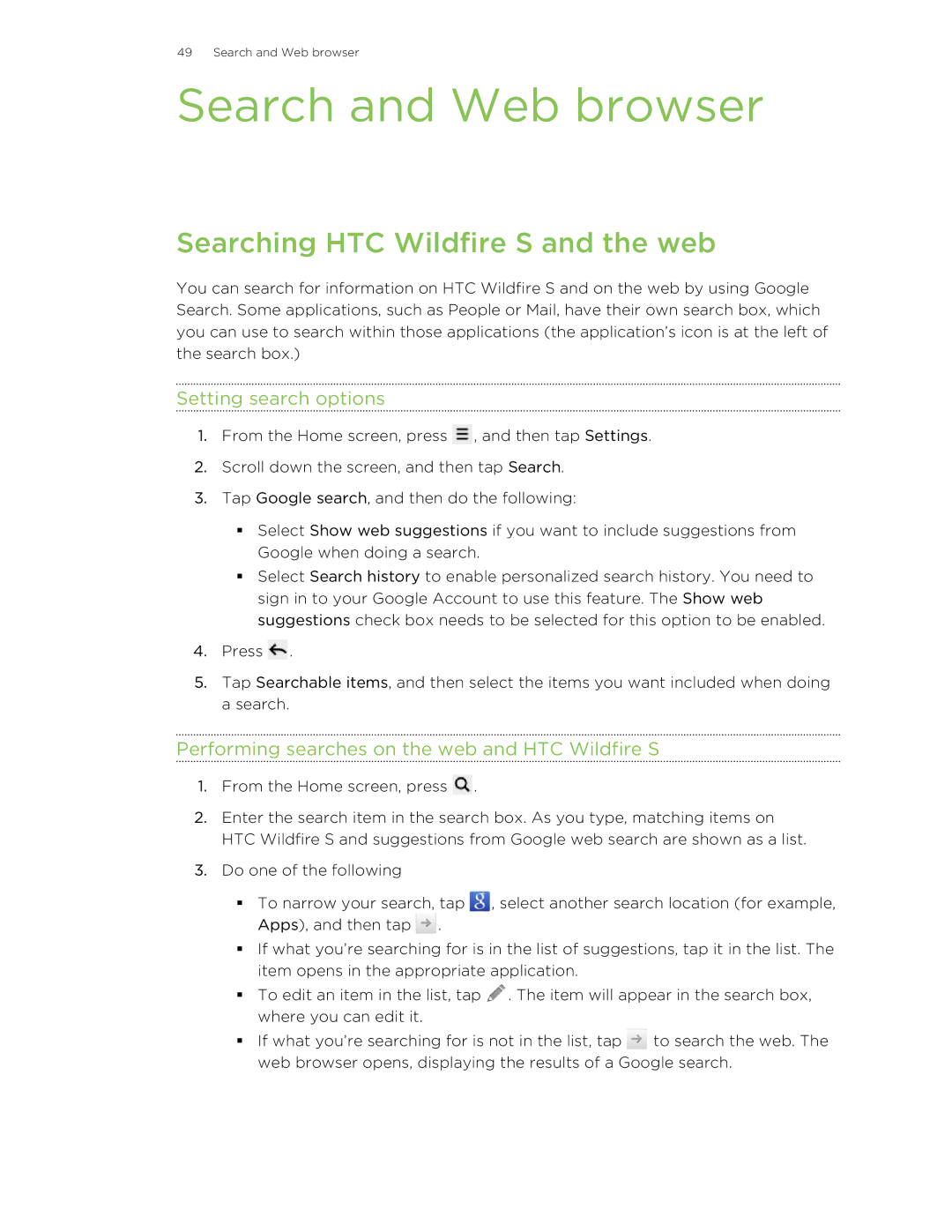 HTC manual Search and Web browser, Searching HTC Wildfire S and the web, Setting search options 