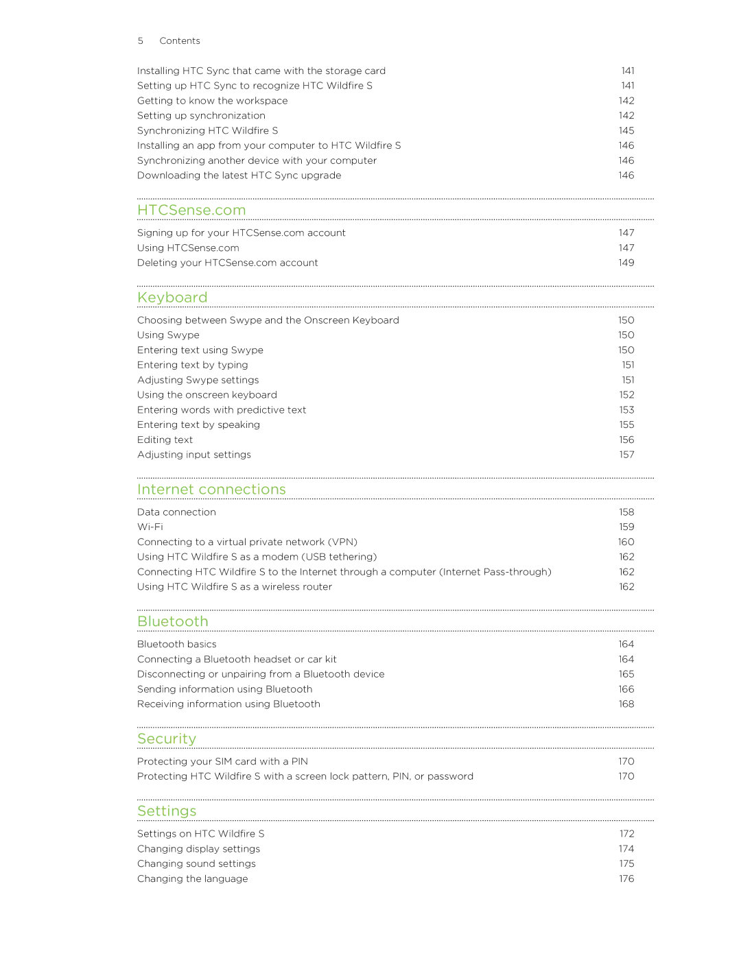 HTC manual HTCSense.com, Keyboard, Internet connections, Bluetooth, Security, Settings 