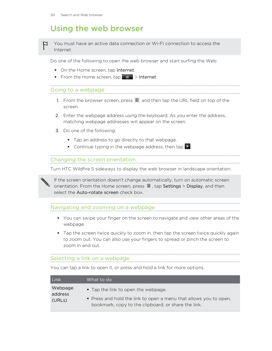 HTC S Using the web browser, Going to a webpage, Changing the screen orientation, Navigating and zooming on a webpage 