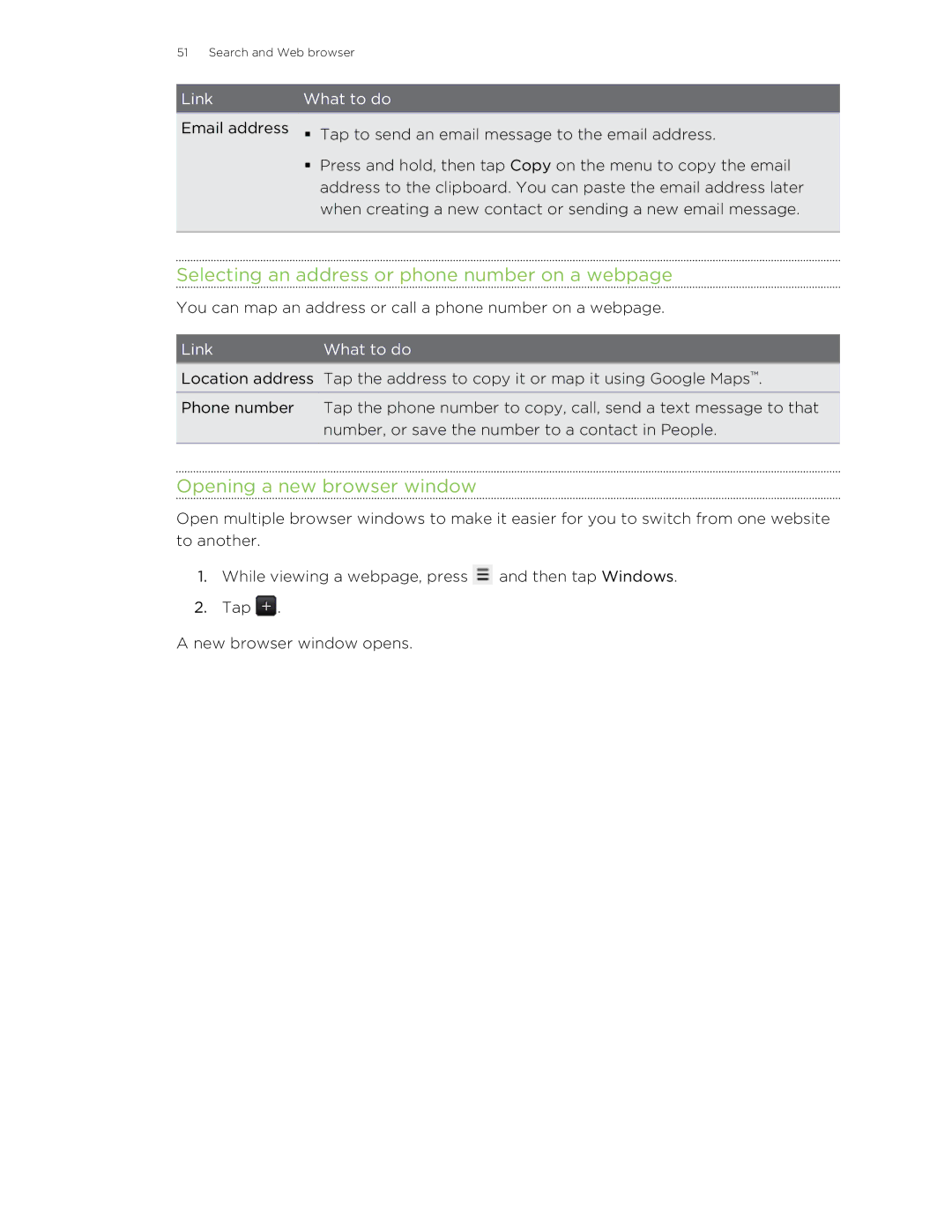 HTC manual Selecting an address or phone number on a webpage, Opening a new browser window 