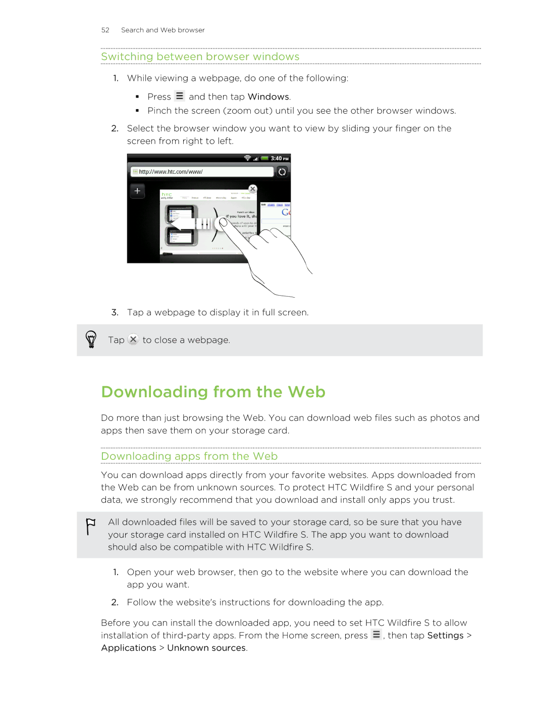 HTC manual Downloading from the Web, Switching between browser windows, Downloading apps from the Web 