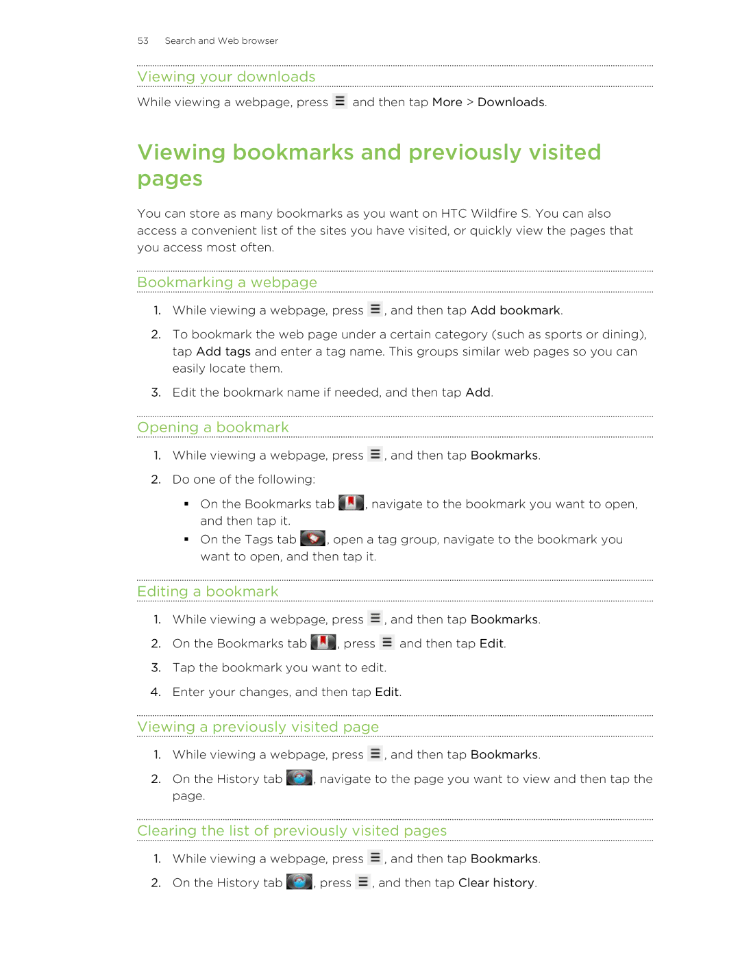 HTC S manual Viewing bookmarks and previously visited pages 