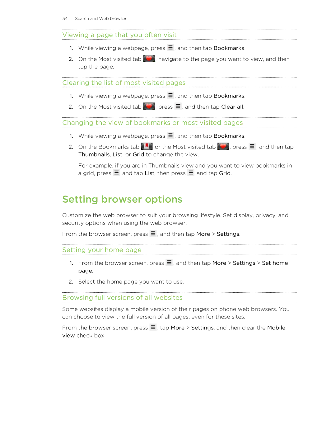 HTC manual Setting browser options 