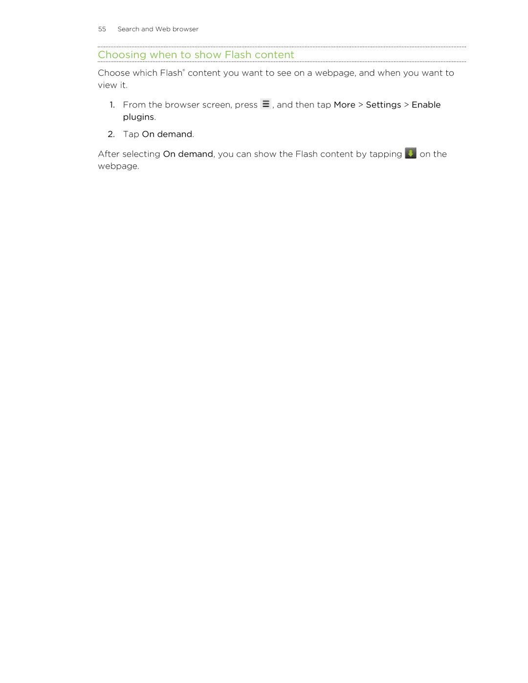 HTC S manual Choosing when to show Flash content 