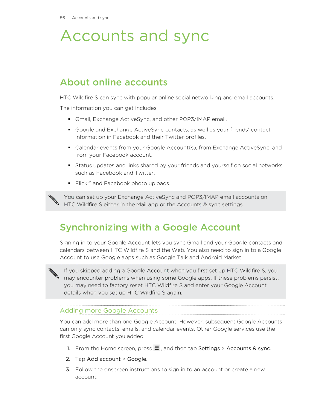 HTC manual Accounts and sync, About online accounts, Synchronizing with a Google Account, Adding more Google Accounts 