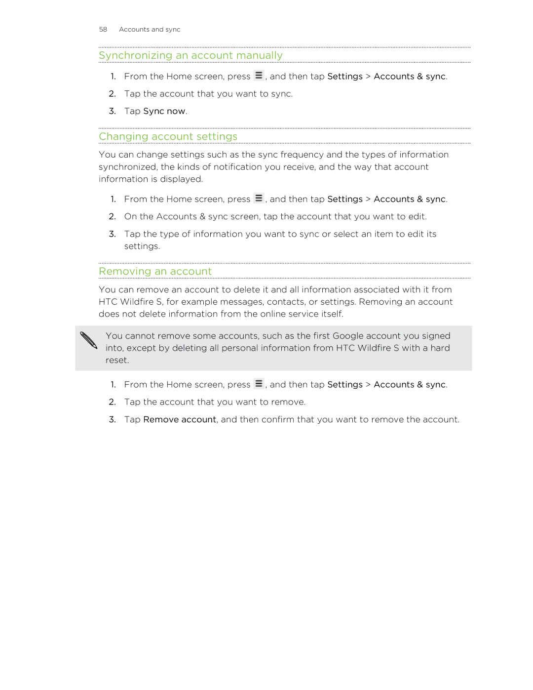 HTC Synchronizing an account manually, Changing account settings, Removing an account 