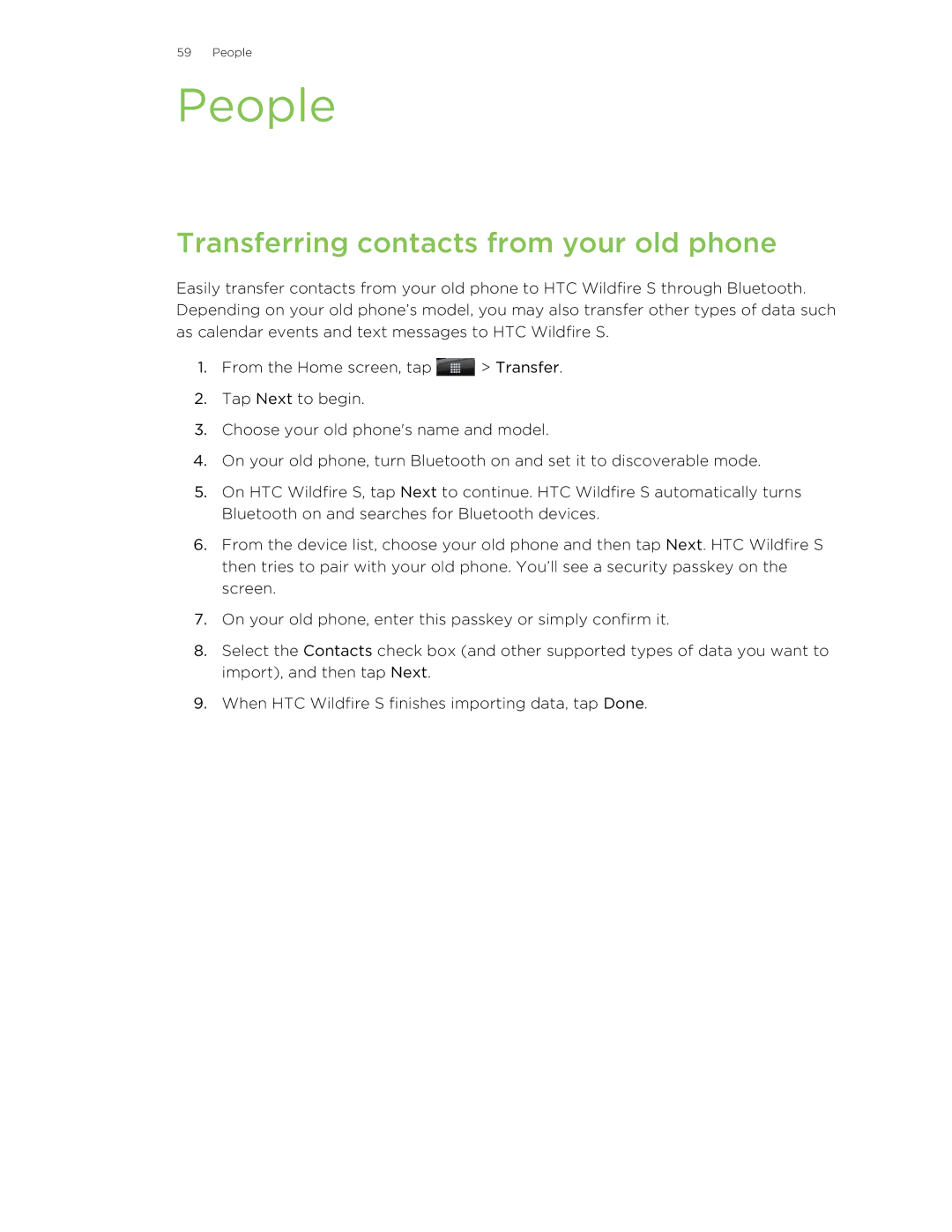 HTC S manual People, Transferring contacts from your old phone 