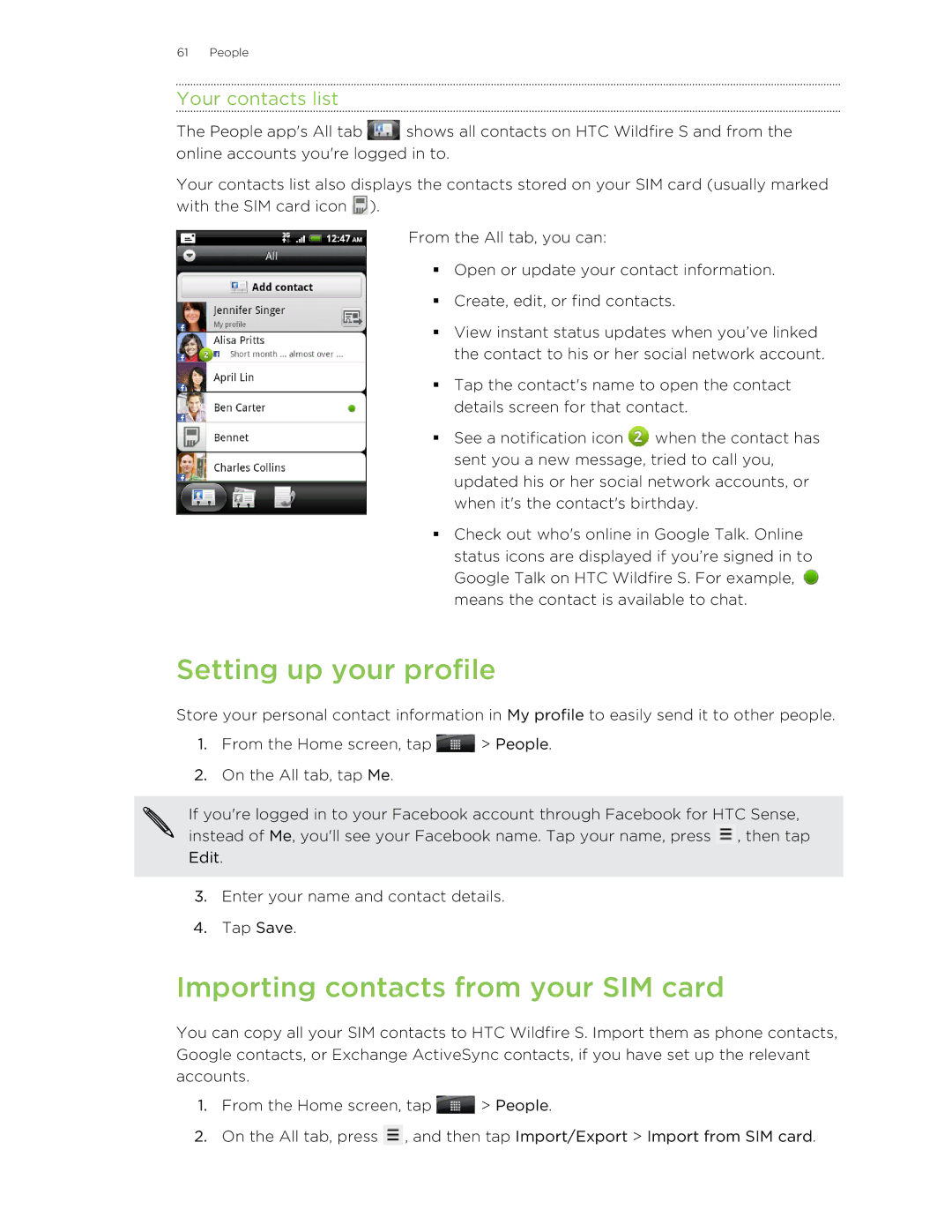 HTC manual Setting up your profile, Importing contacts from your SIM card, Your contacts list 