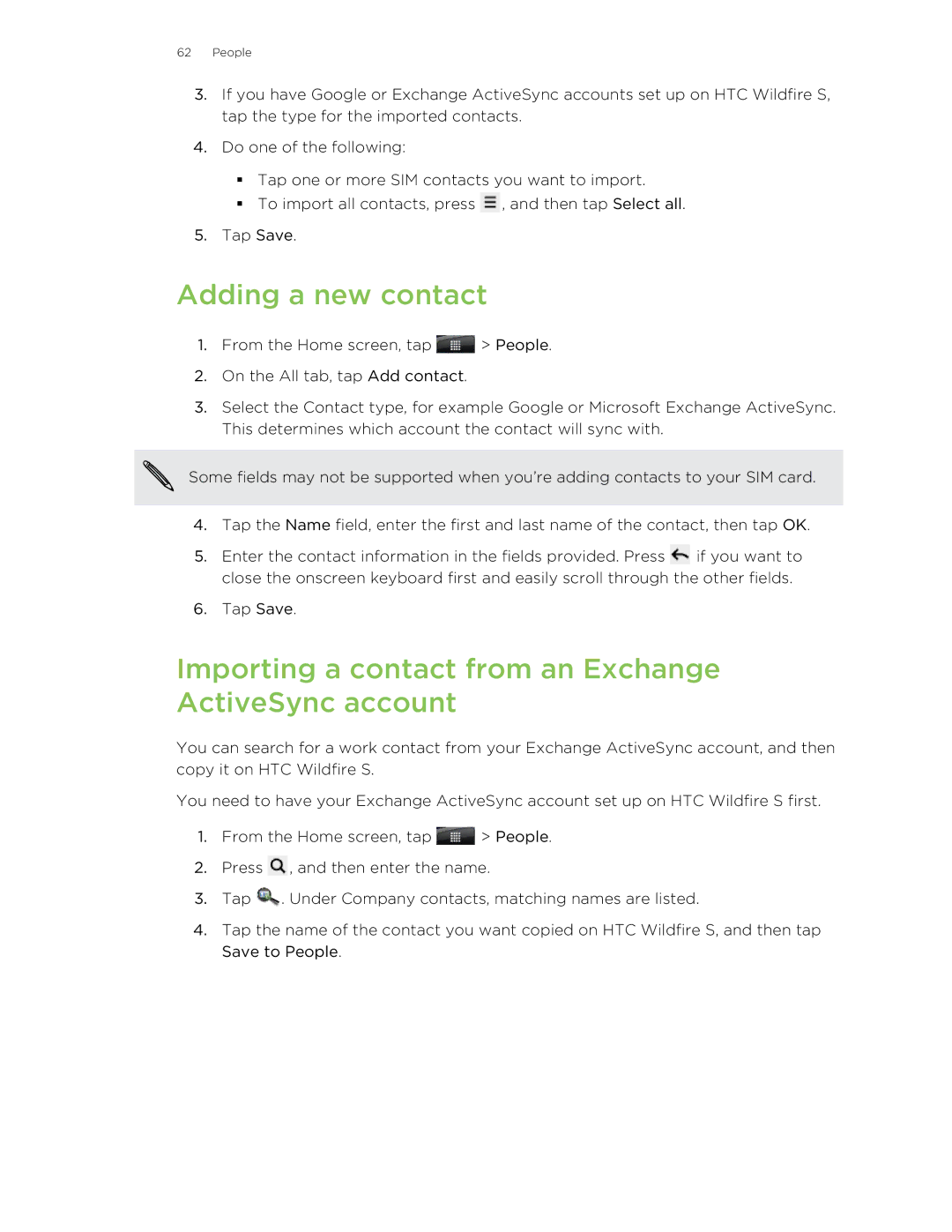 HTC manual Adding a new contact, Importing a contact from an Exchange ActiveSync account 