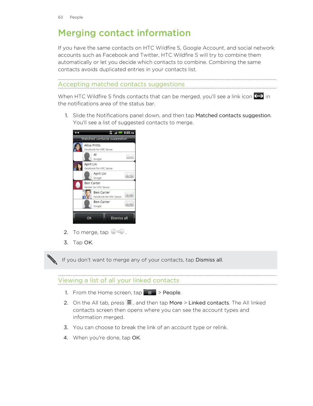 HTC S Merging contact information, Accepting matched contacts suggestions, Viewing a list of all your linked contacts 