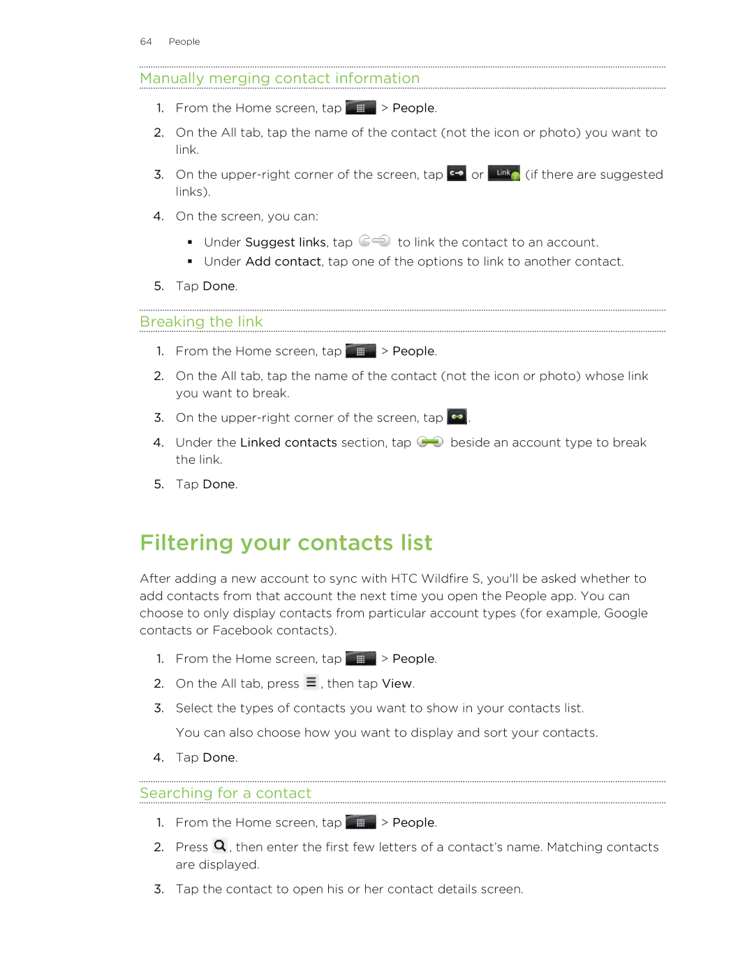 HTC Filtering your contacts list, Manually merging contact information, Breaking the link, Searching for a contact 