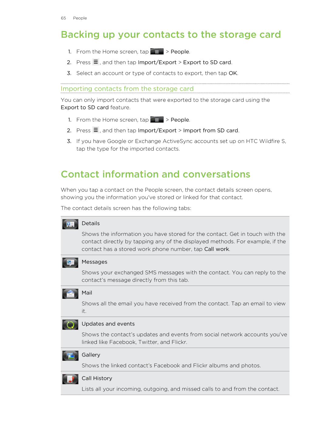 HTC S manual Backing up your contacts to the storage card, Contact information and conversations 