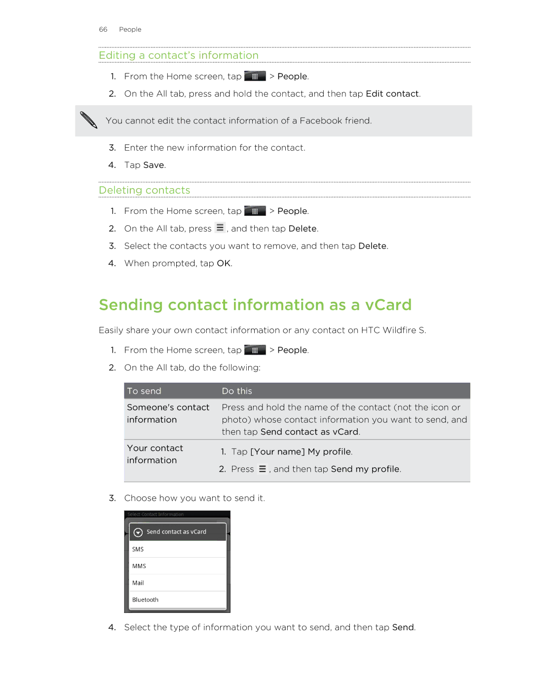 HTC manual Sending contact information as a vCard, Editing a contact’s information, Deleting contacts 