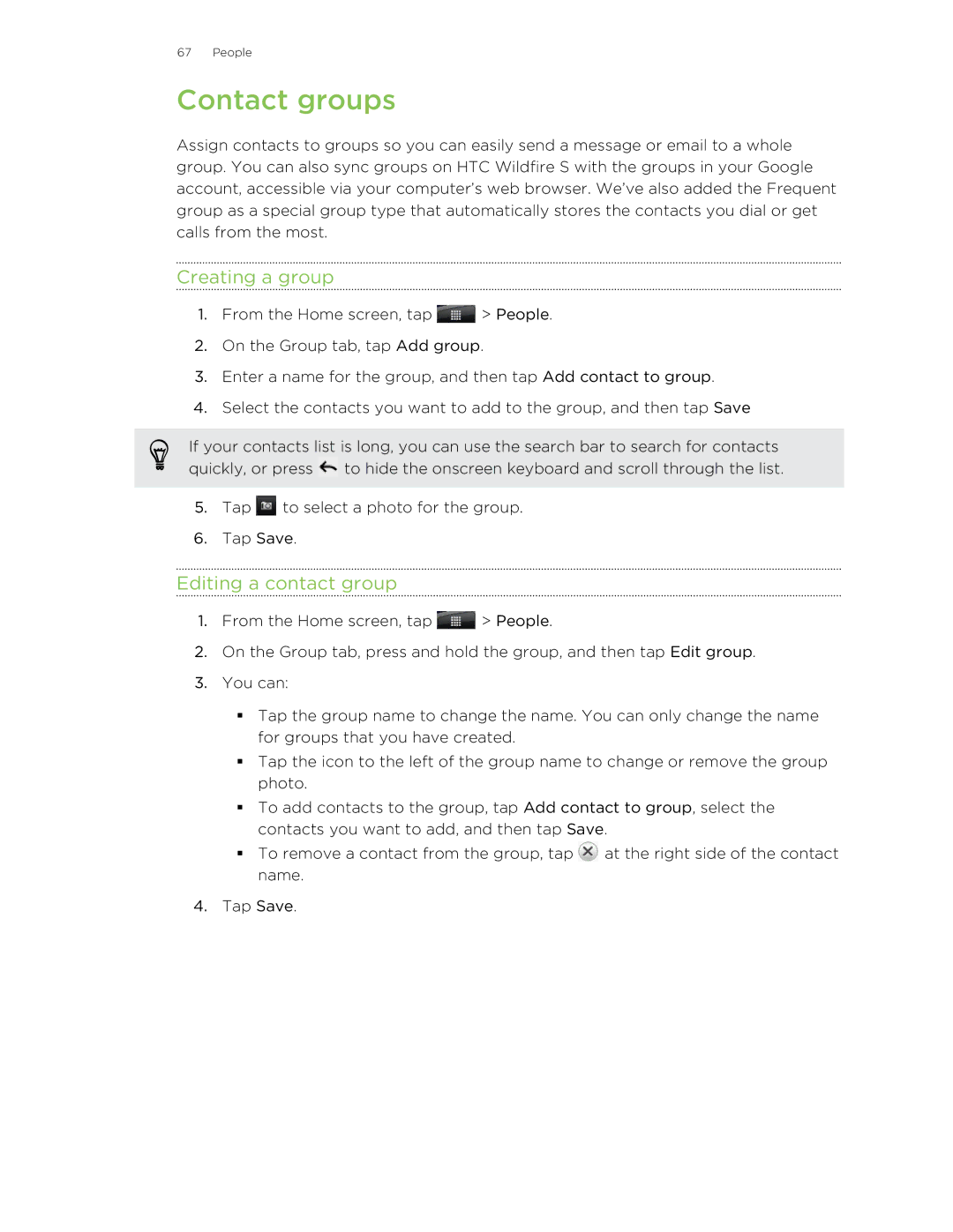 HTC S manual Contact groups, Creating a group, Editing a contact group 