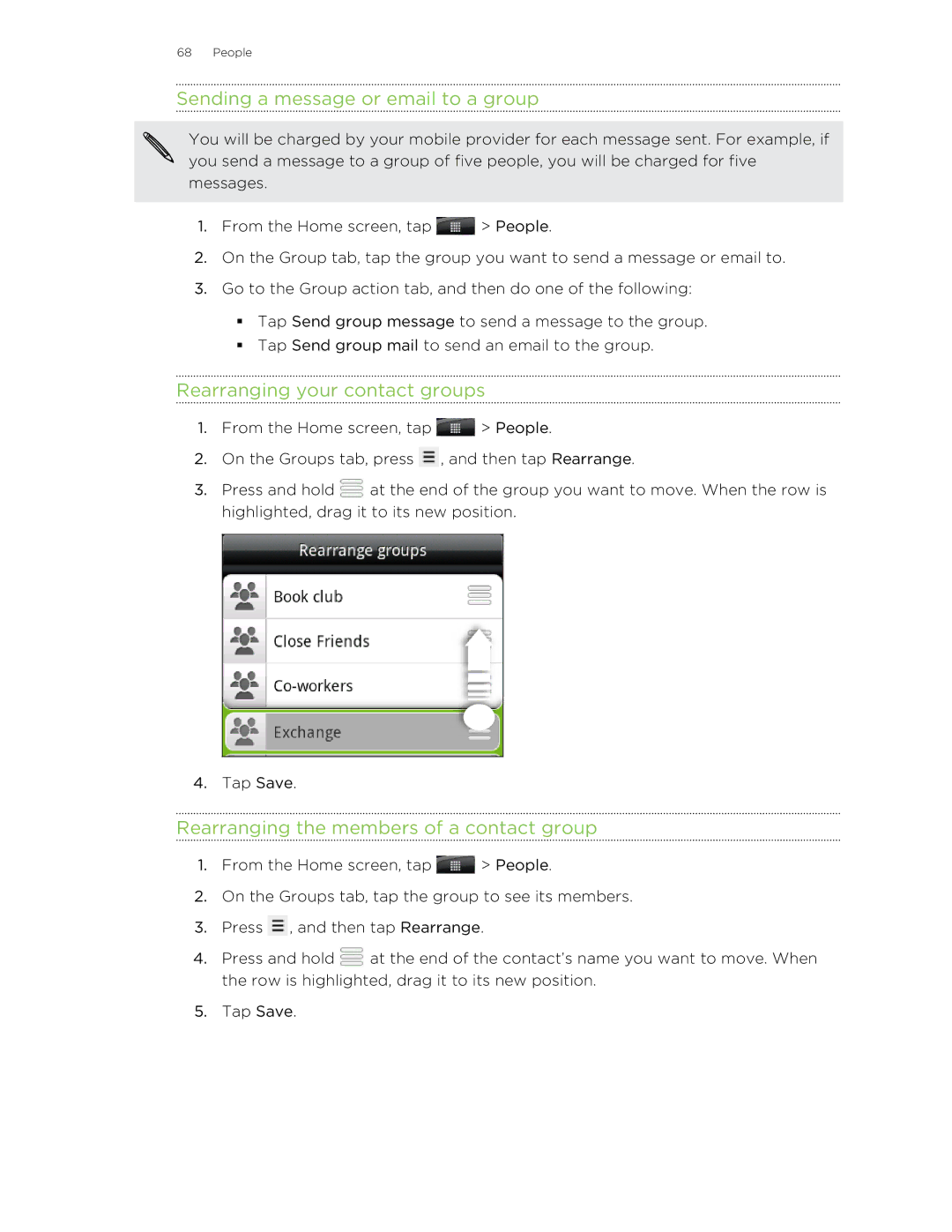 HTC Sending a message or email to a group, Rearranging your contact groups, Rearranging the members of a contact group 