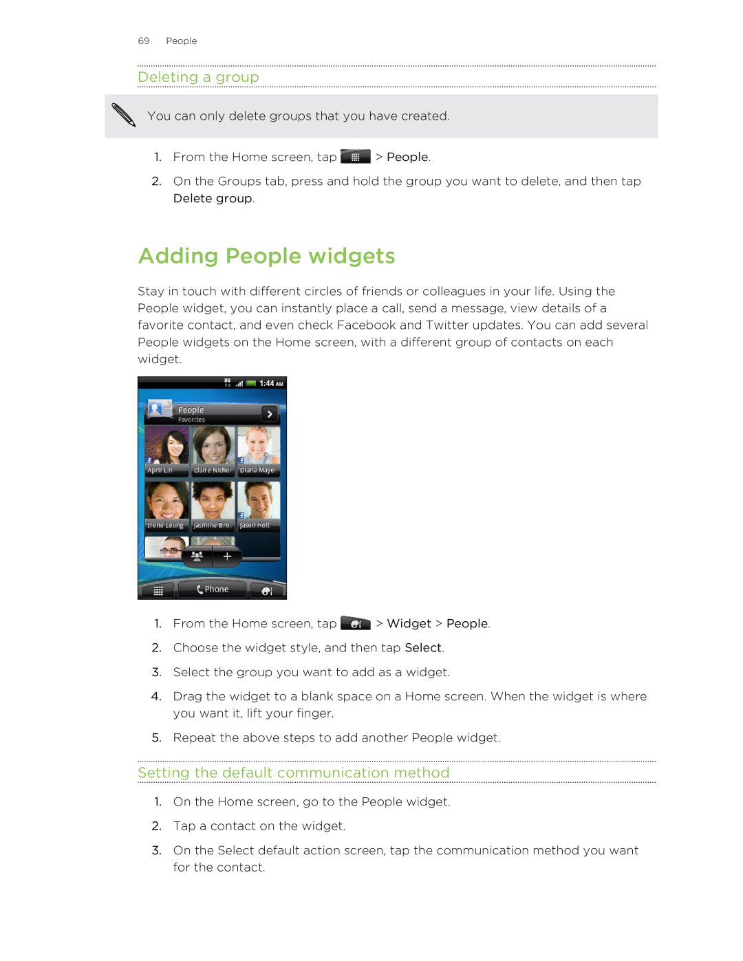 HTC manual Adding People widgets, Deleting a group, Setting the default communication method 