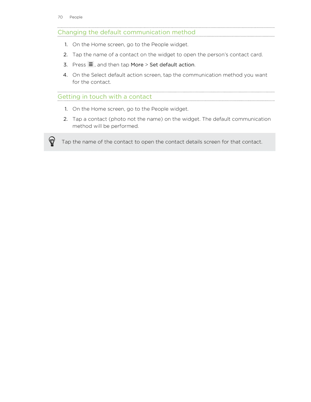 HTC S manual Changing the default communication method, Getting in touch with a contact 