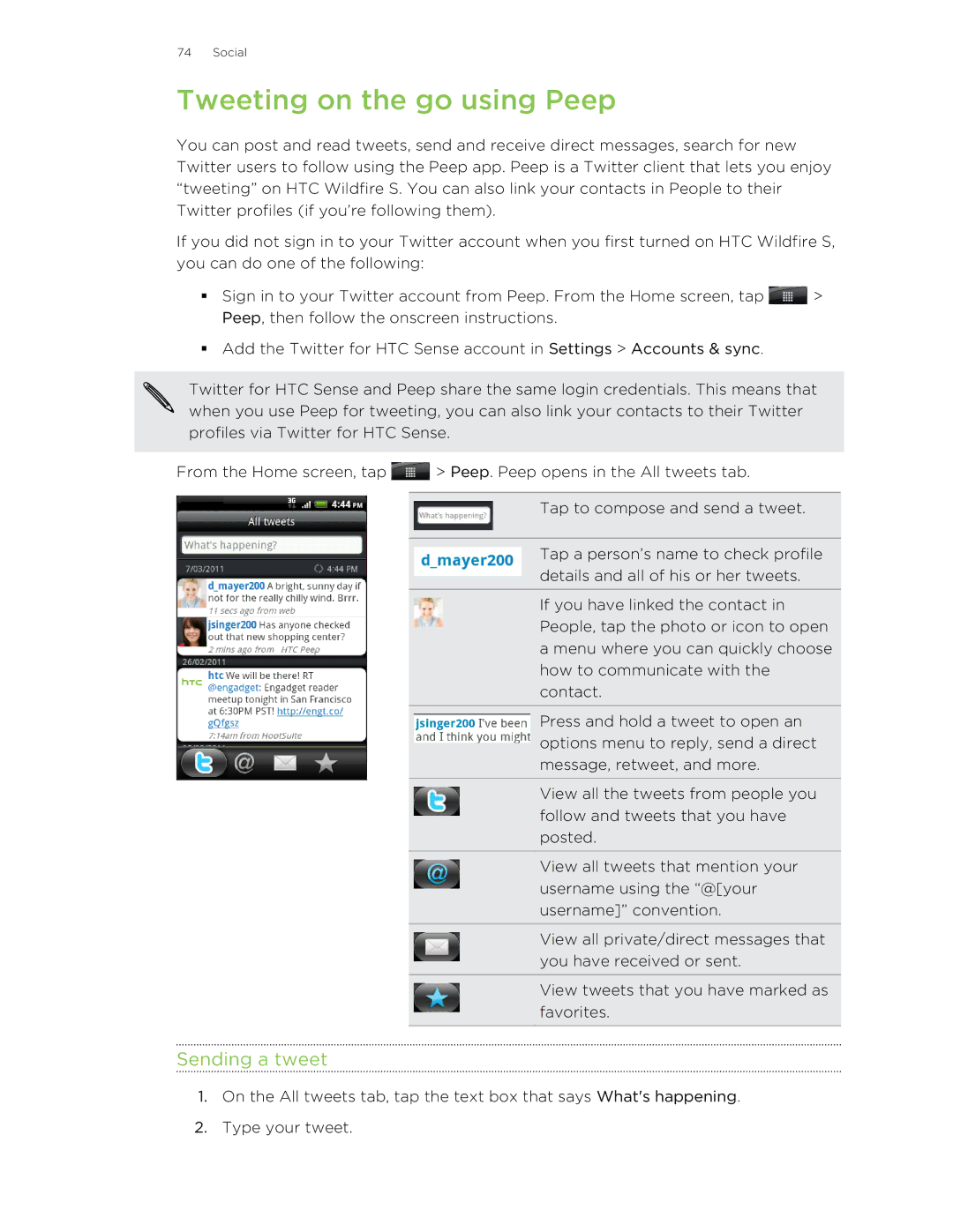 HTC manual Tweeting on the go using Peep, Sending a tweet 