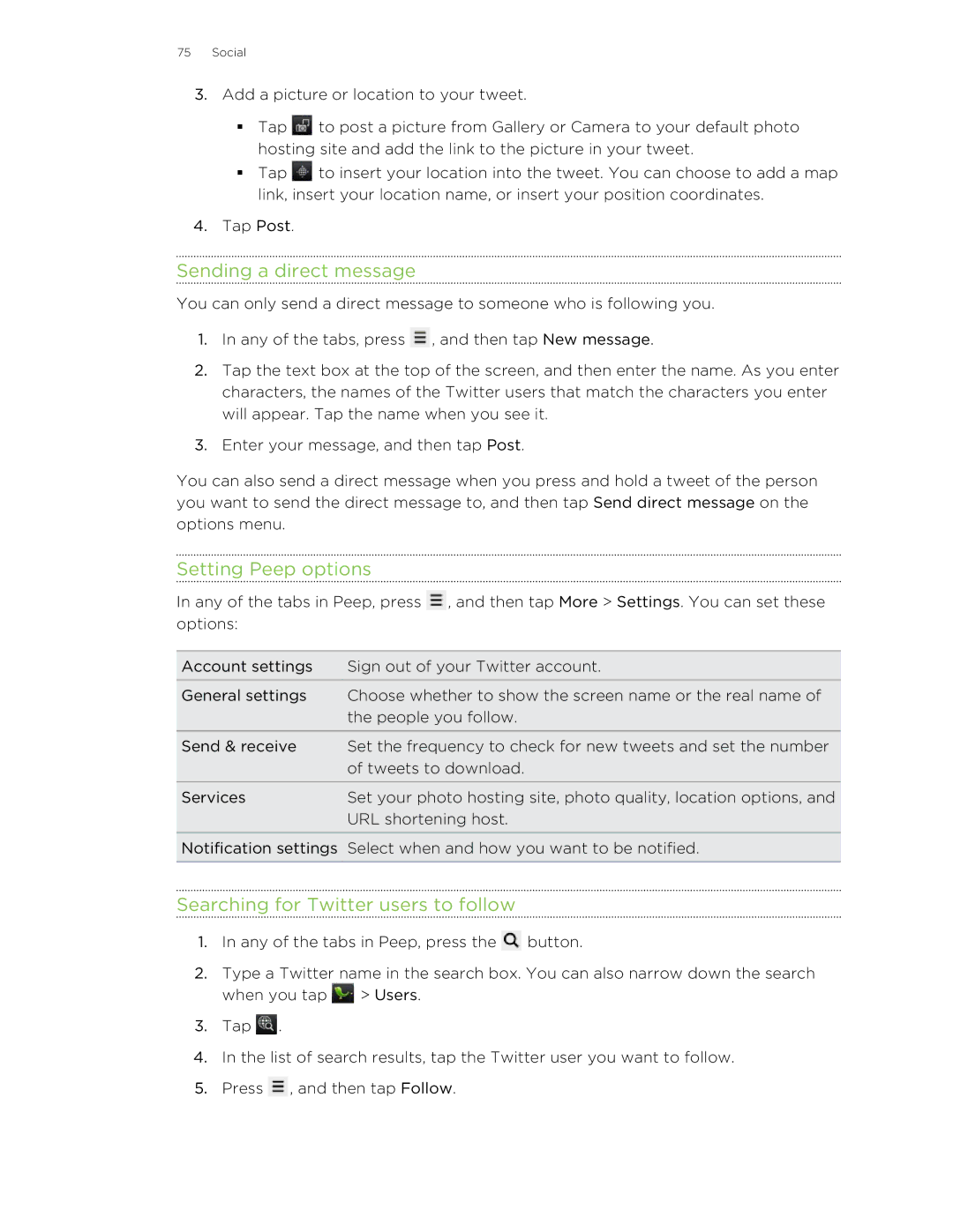 HTC manual Sending a direct message, Setting Peep options, Searching for Twitter users to follow 