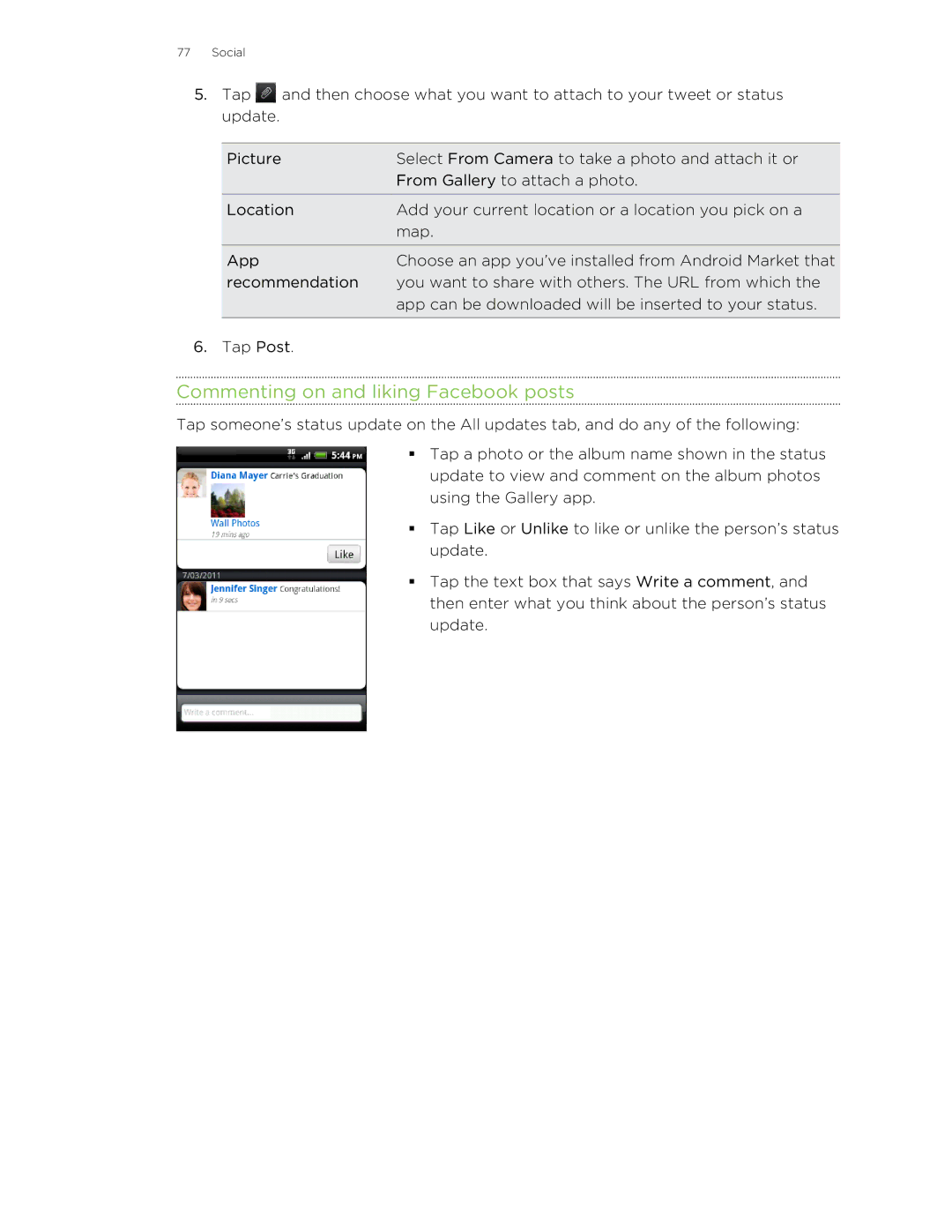 HTC S manual Commenting on and liking Facebook posts 