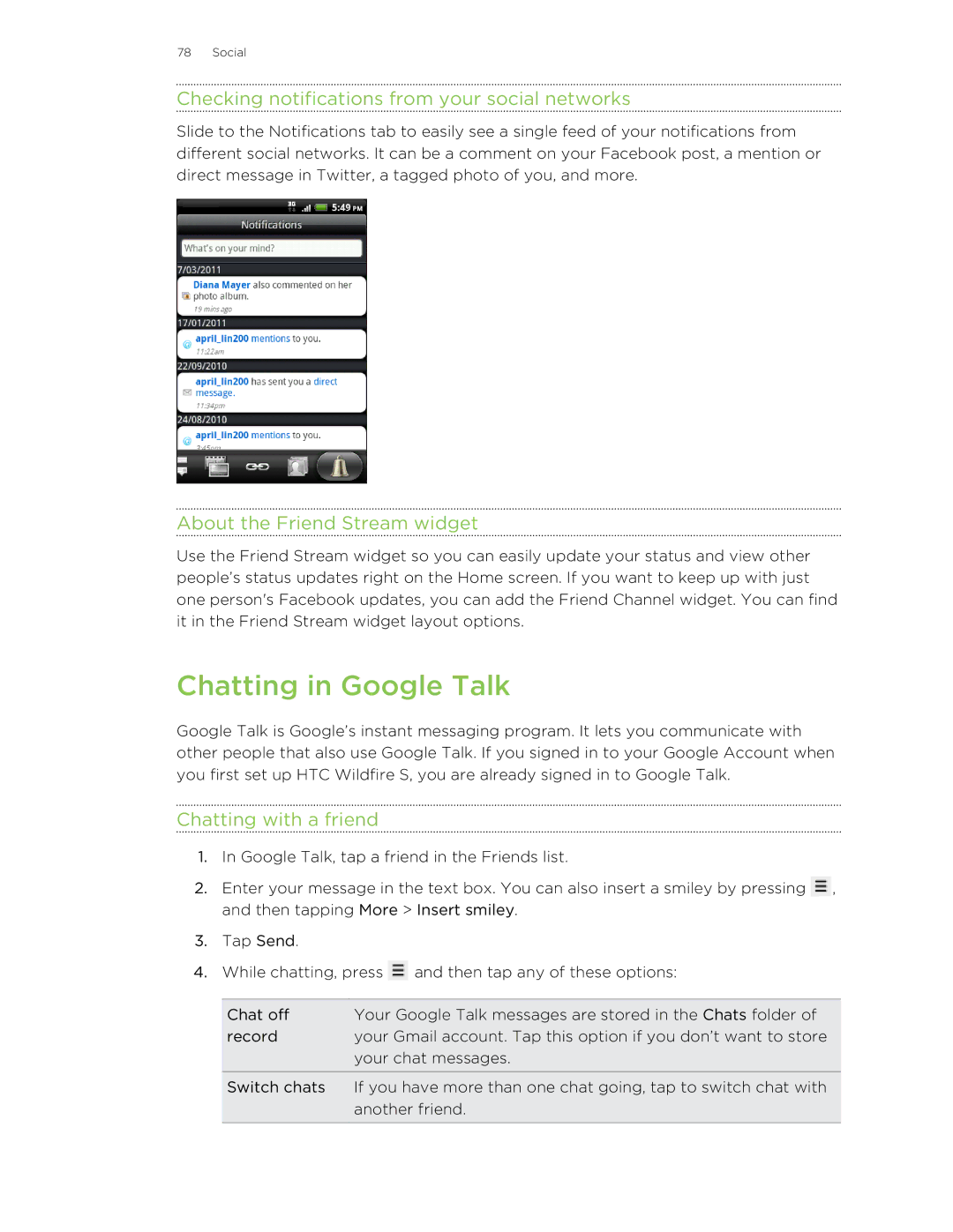 HTC manual Chatting in Google Talk, Checking notifications from your social networks, About the Friend Stream widget 