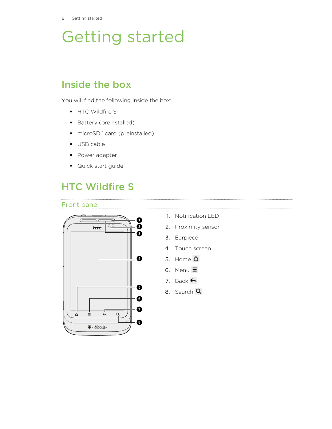 HTC manual Getting started, Inside the box, HTC Wildfire S, Front panel 