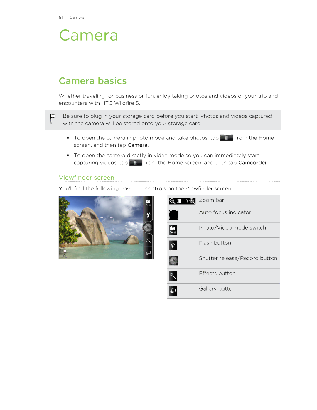 HTC S manual Camera basics, Viewfinder screen 