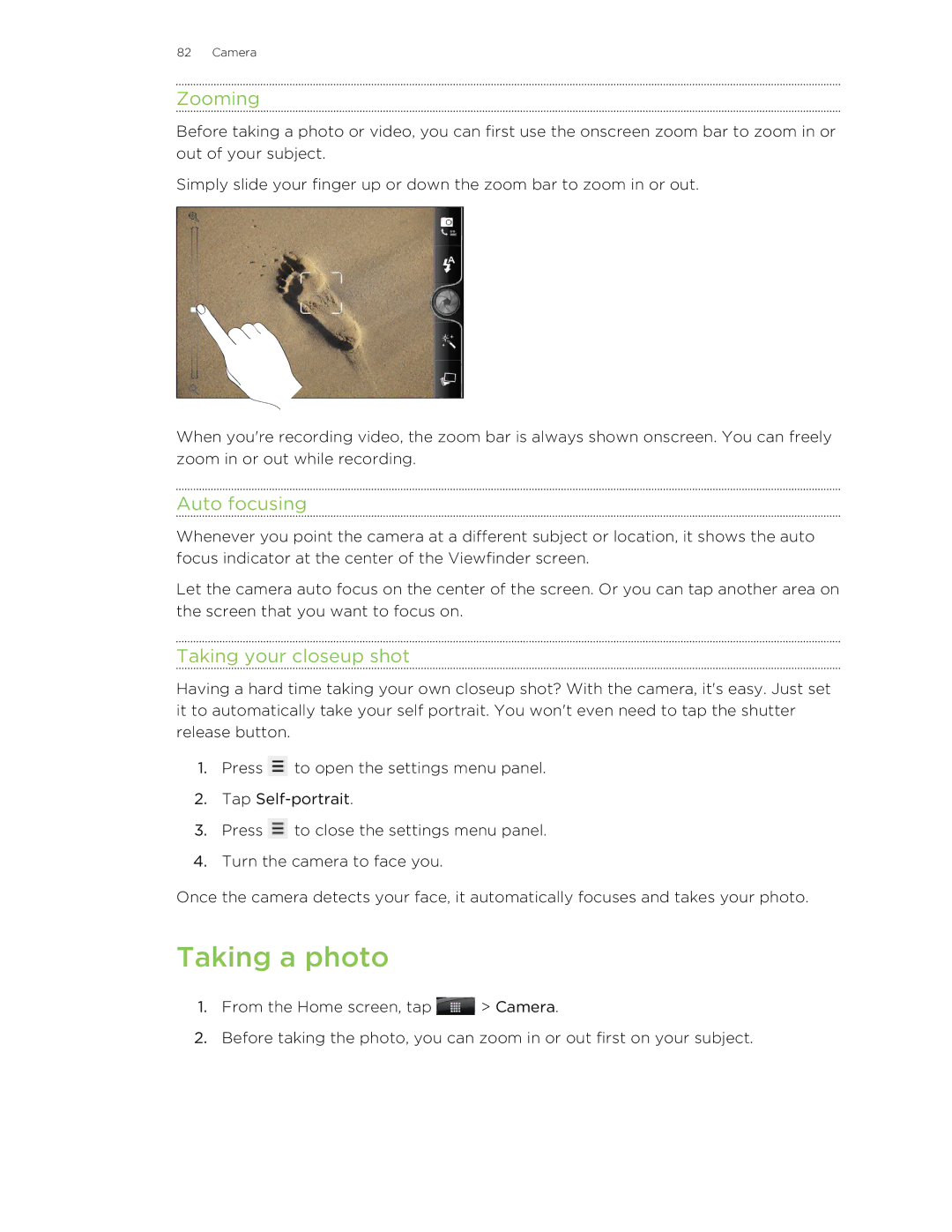 HTC S manual Taking a photo, Zooming, Auto focusing, Taking your closeup shot 