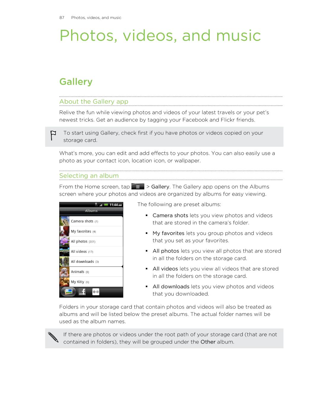 HTC manual Photos, videos, and music, About the Gallery app, Selecting an album 