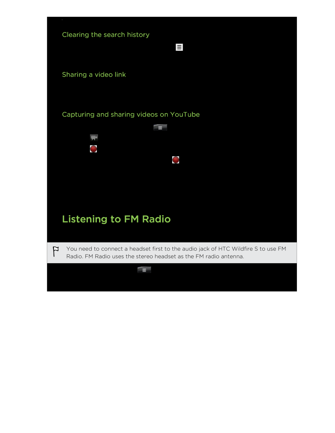 HTC Listening to FM Radio, Clearing the search history, Sharing a video link, Capturing and sharing videos on YouTube 