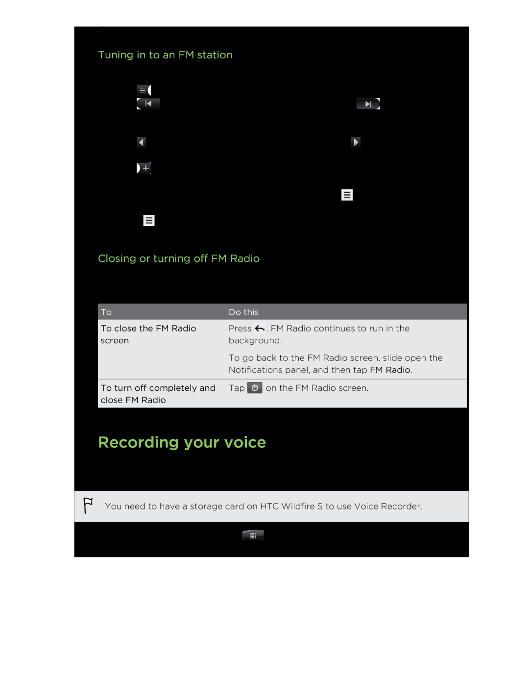 HTC S manual Recording your voice, Tuning in to an FM station, Closing or turning off FM Radio, Do this 