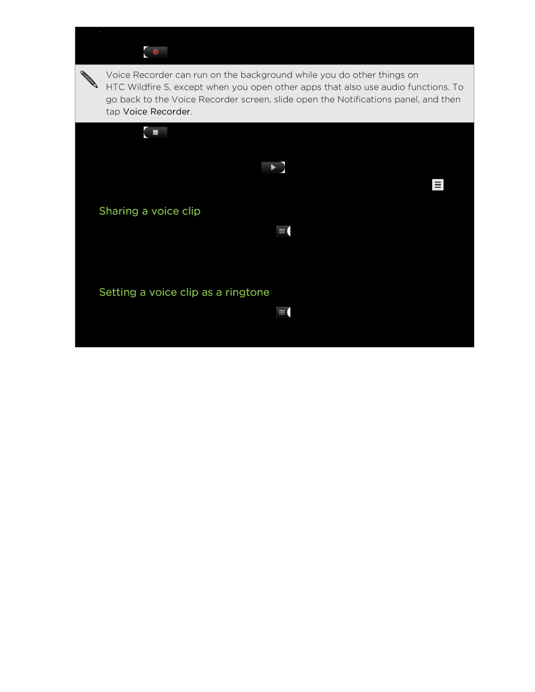 HTC manual Sharing a voice clip, Setting a voice clip as a ringtone, Market and other apps 