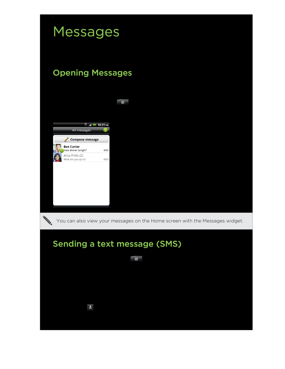 HTC manual Opening Messages, Sending a text message SMS 