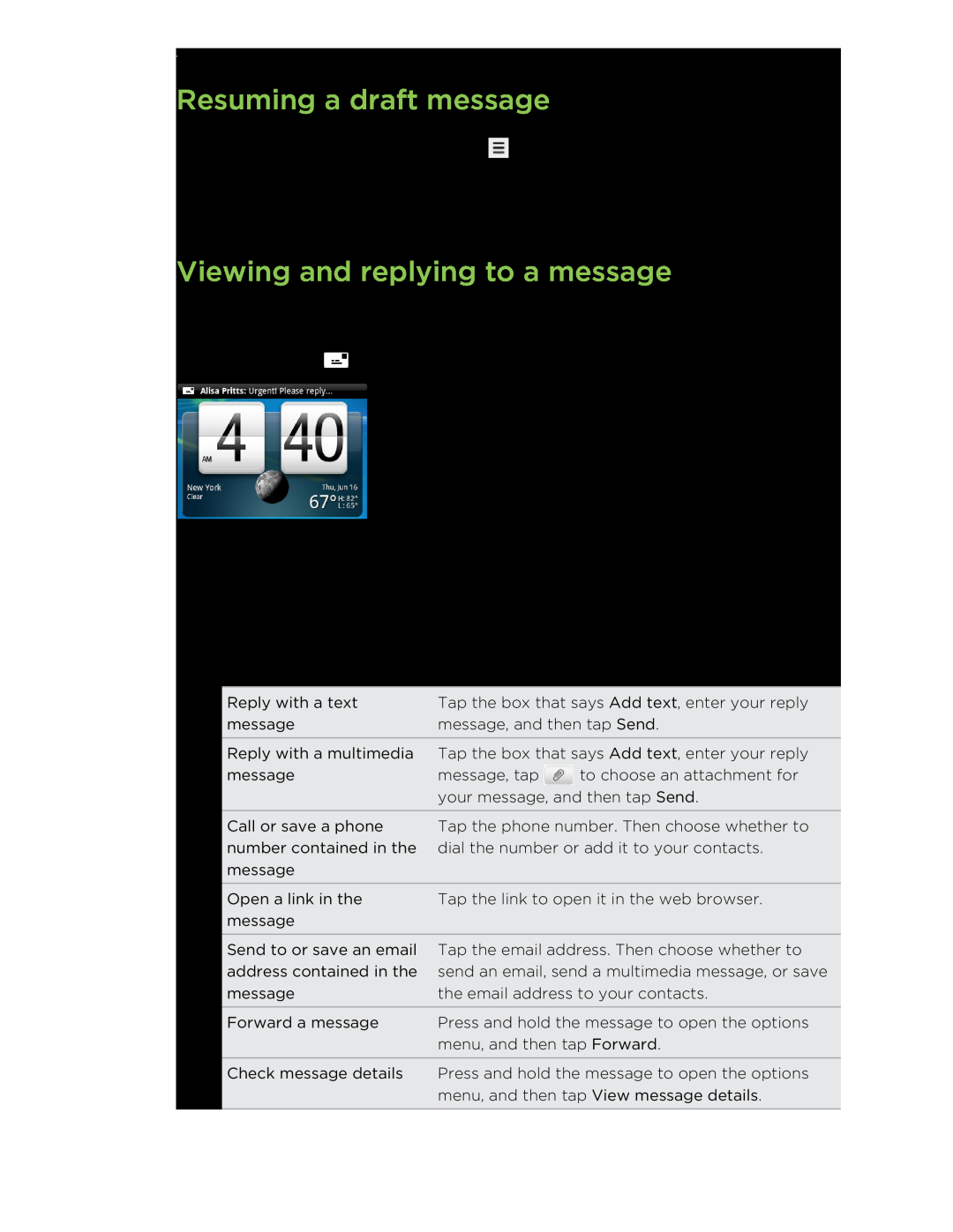 HTC S manual Resuming a draft message, Viewing and replying to a message, Messages 
