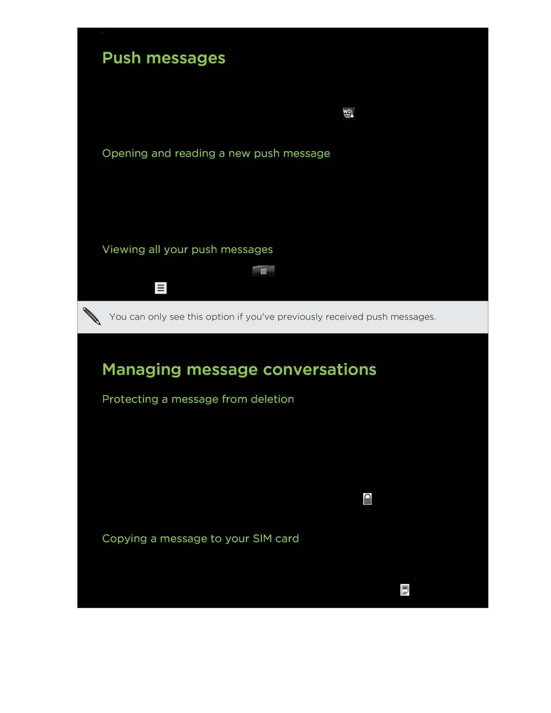 HTC S manual Push messages, Managing message conversations, Opening and reading a new push message 