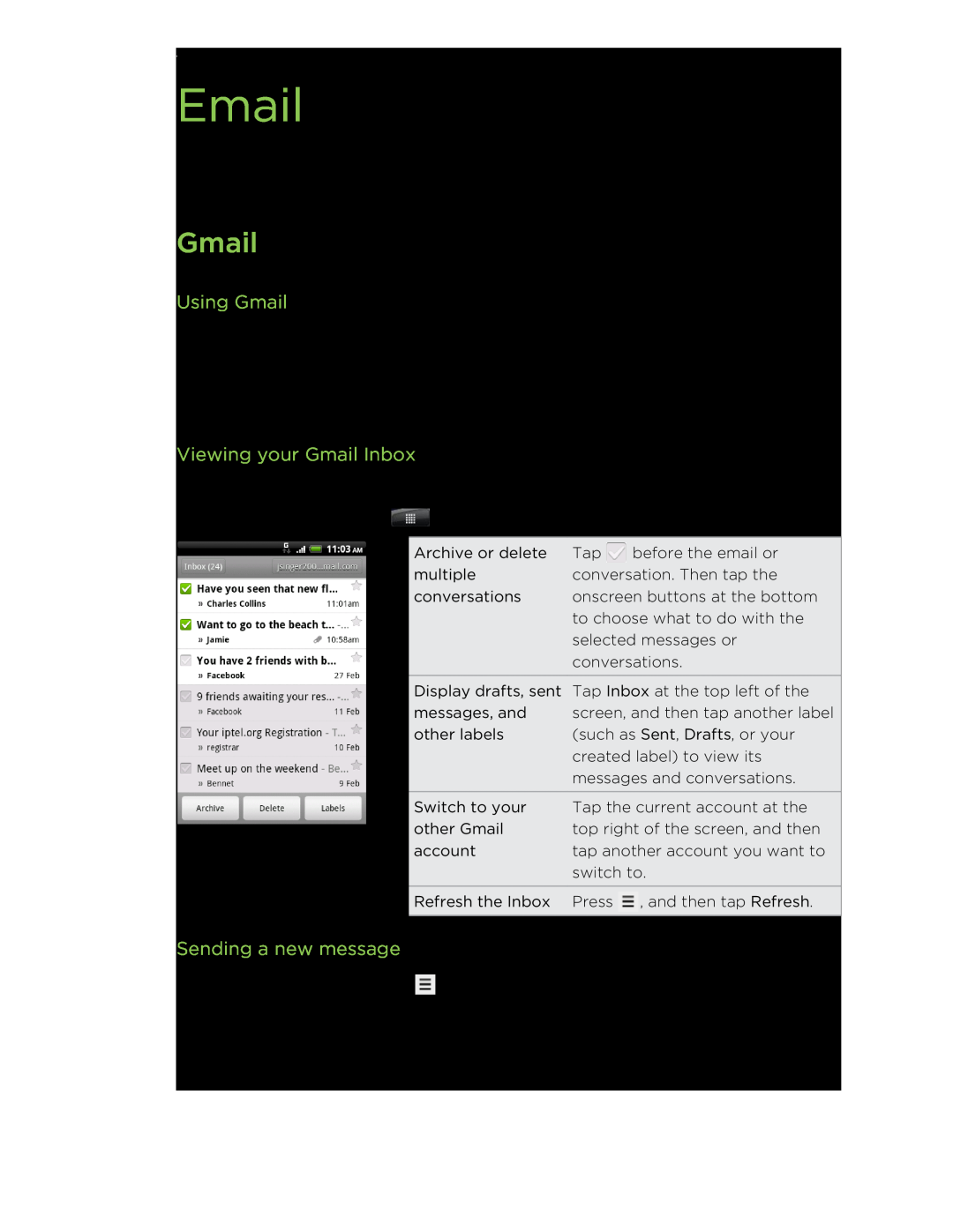HTC manual Email, Using Gmail, Viewing your Gmail Inbox, Sending a new message 