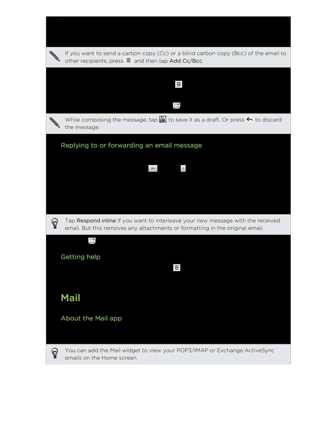 HTC S manual Replying to or forwarding an email message, About the Mail app, Getting help, Email 