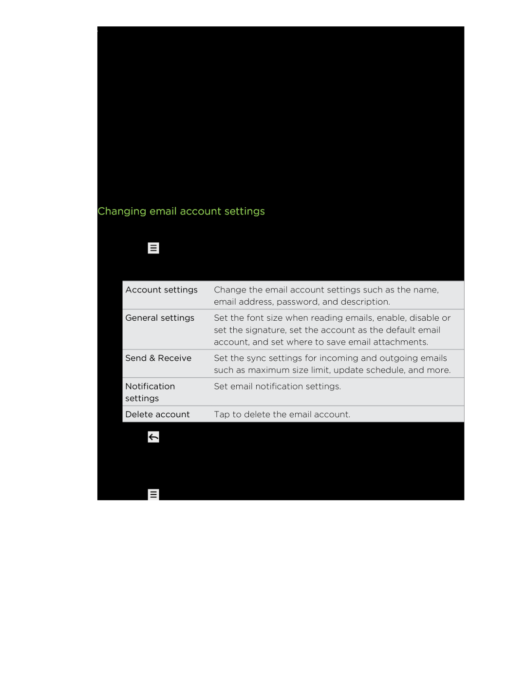 HTC S manual Changing email account settings, Email 