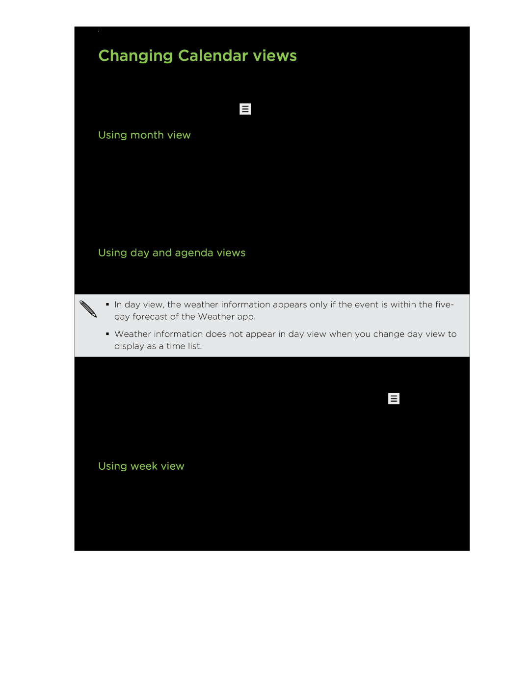HTC S manual Changing Calendar views, Using month view, Using day and agenda views, Using week view 