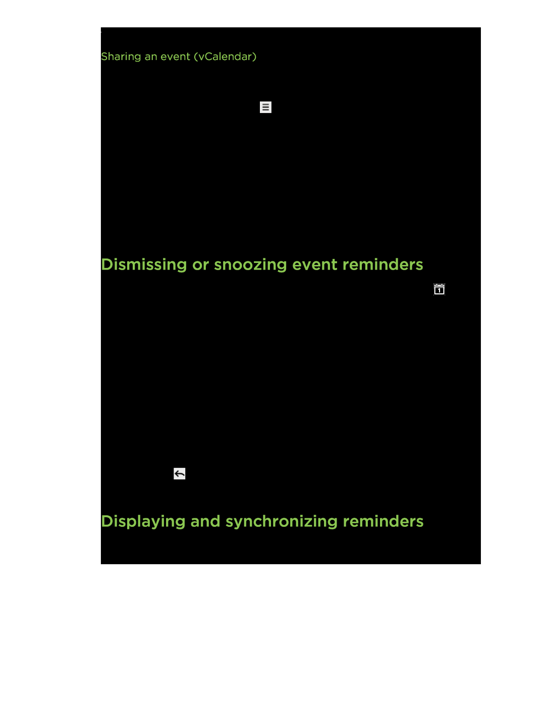 HTC manual Dismissing or snoozing event reminders, Displaying and synchronizing reminders, Sharing an event vCalendar 