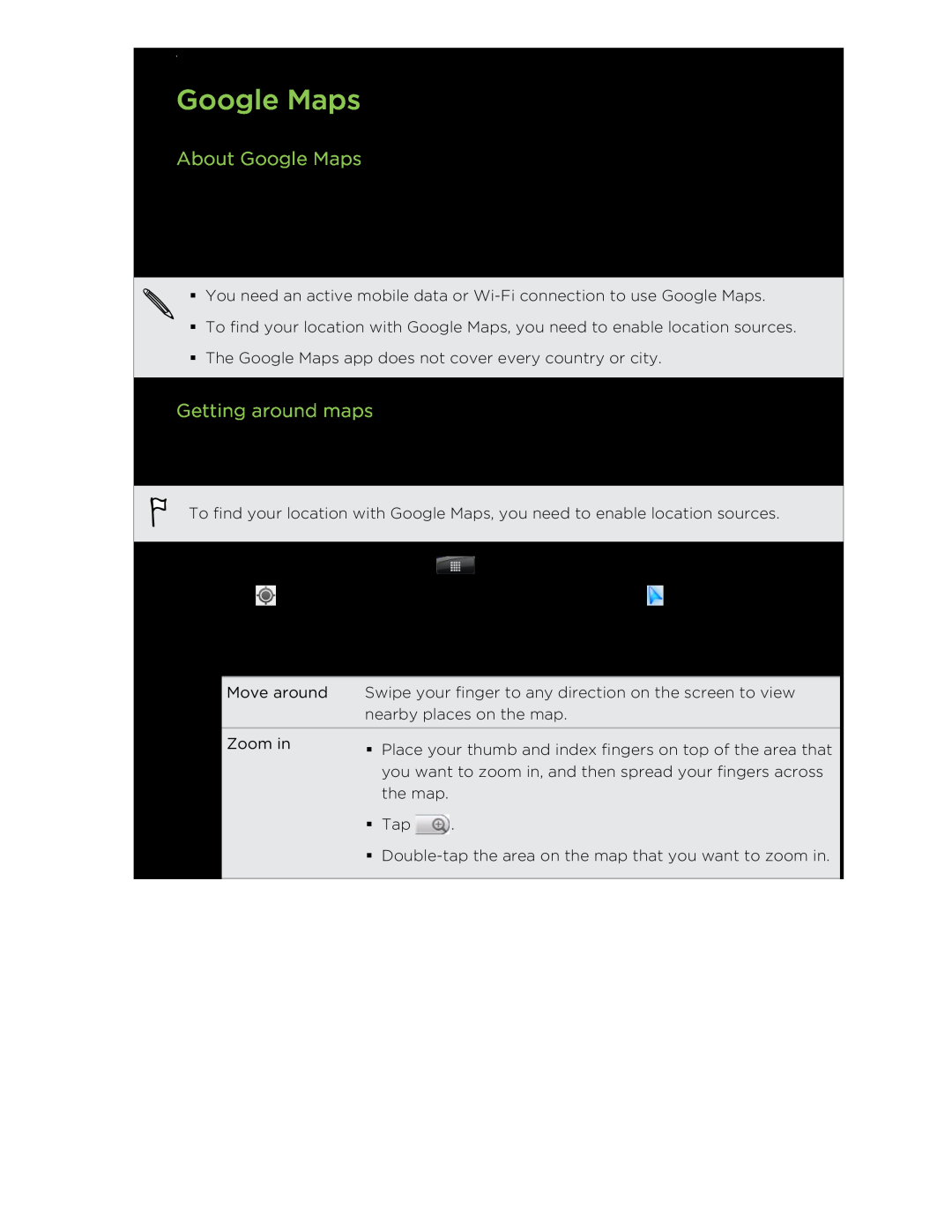 HTC S manual About Google Maps, Getting around maps 