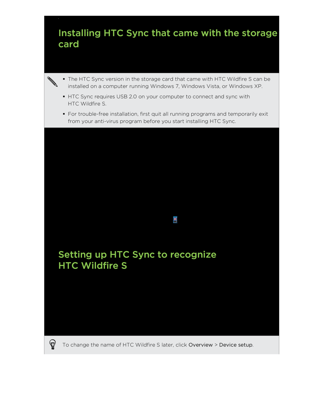 HTC manual Installing HTC Sync that came with the storage card, Setting up HTC Sync to recognize HTC Wildfire S 