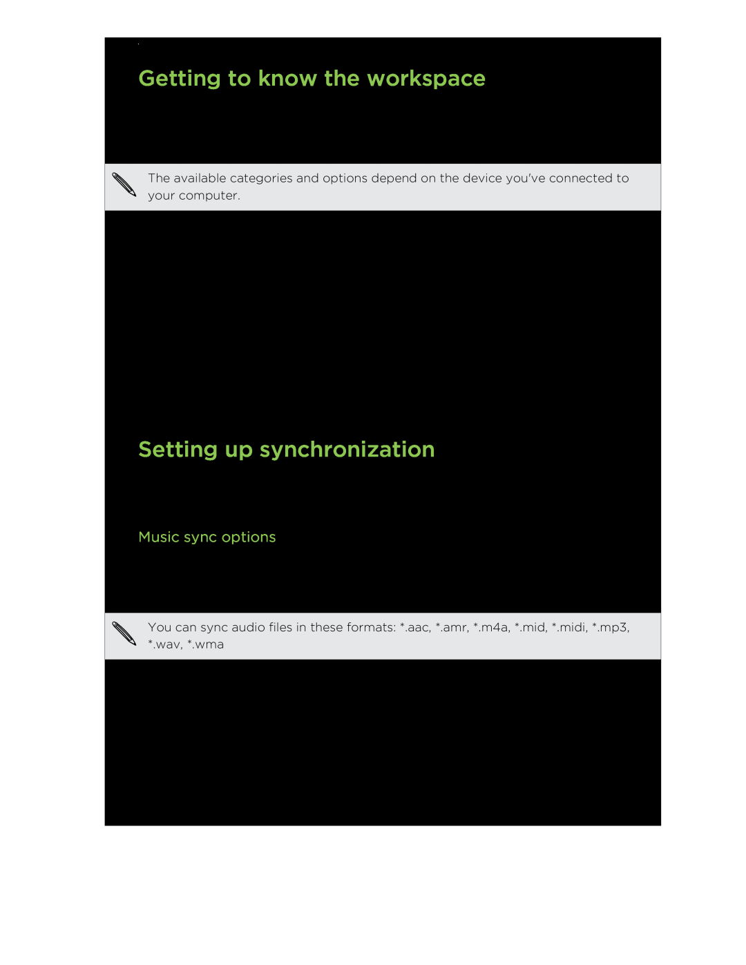 HTC manual Getting to know the workspace, Setting up synchronization, Music sync options 