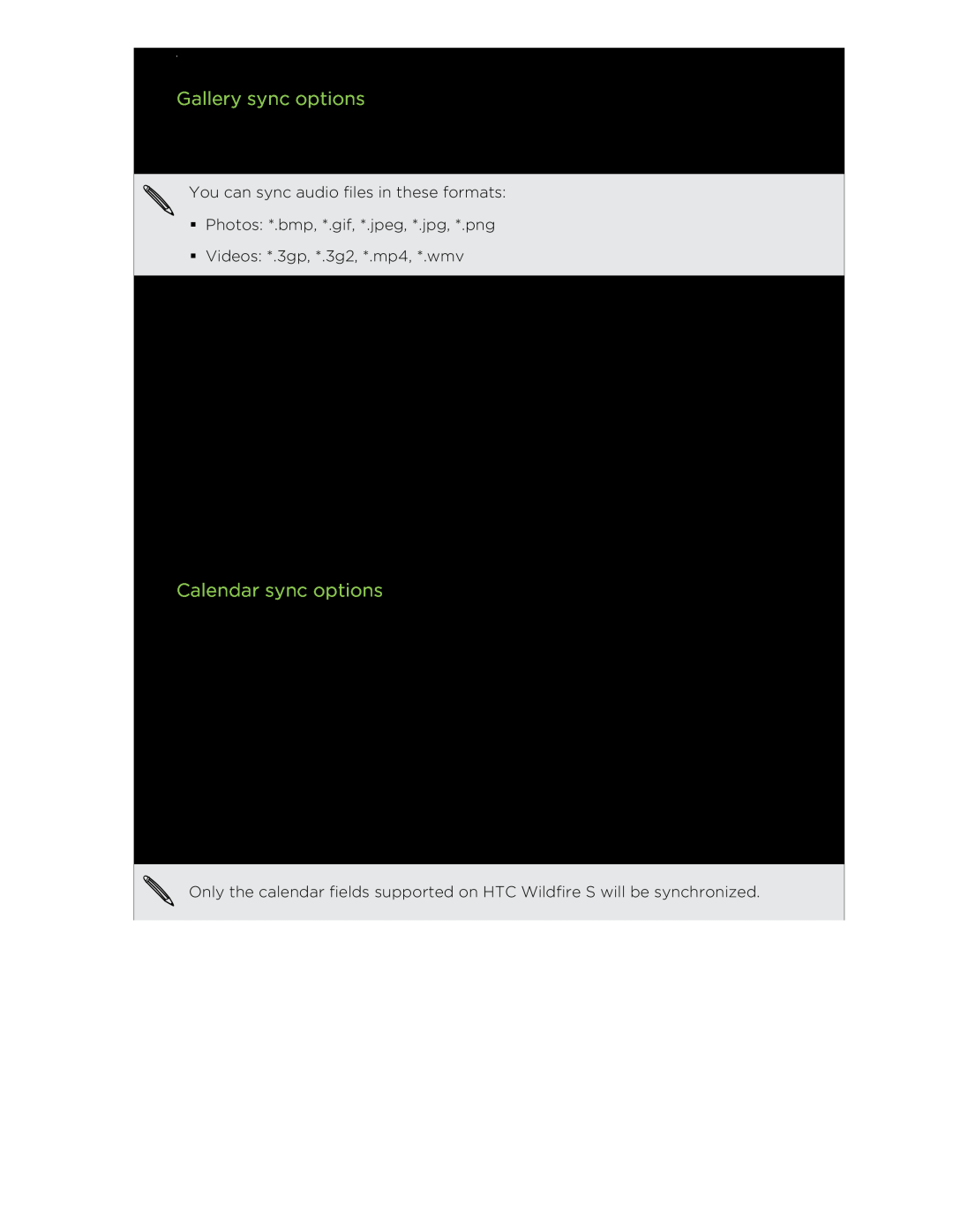 HTC S manual Gallery sync options, Calendar sync options 