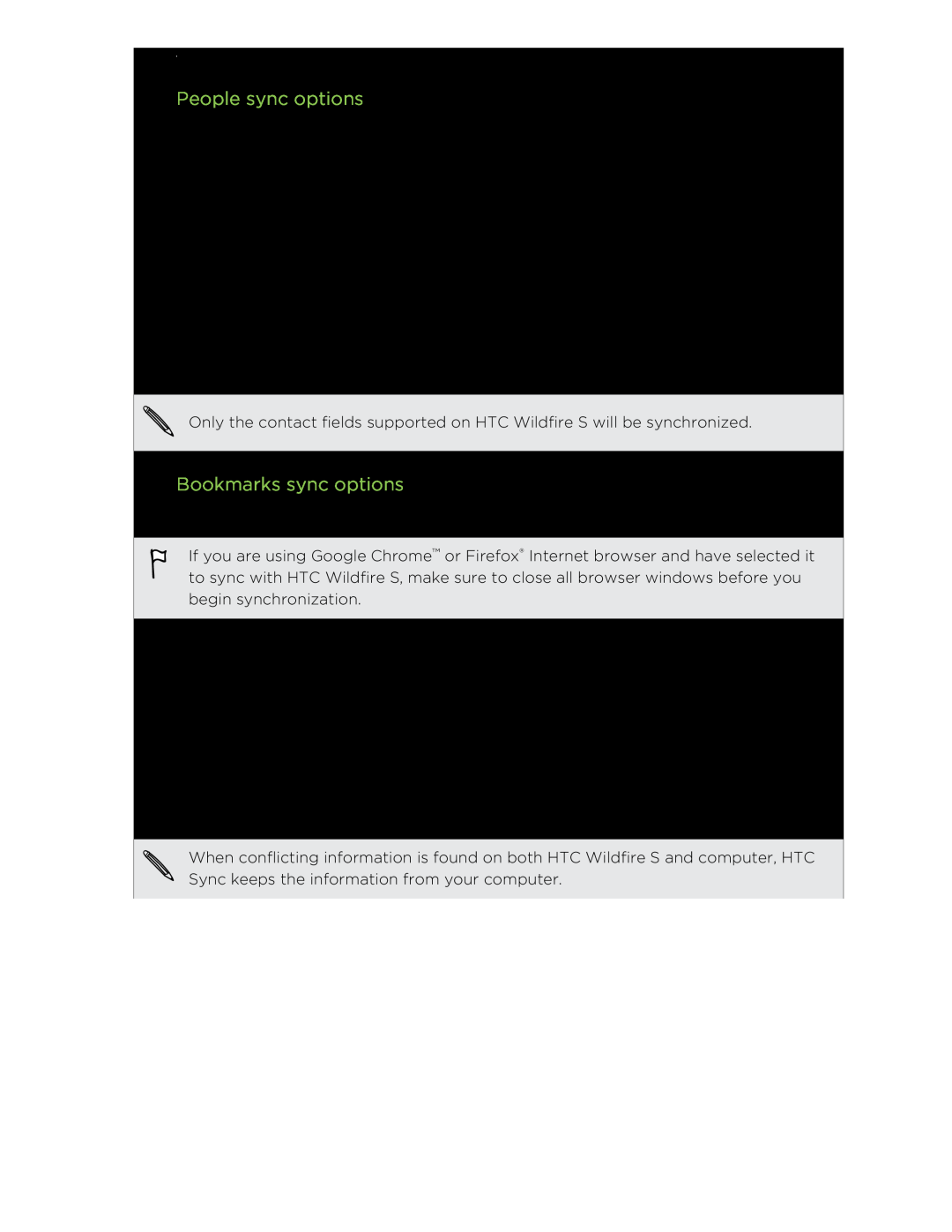 HTC S manual People sync options, Bookmarks sync options 