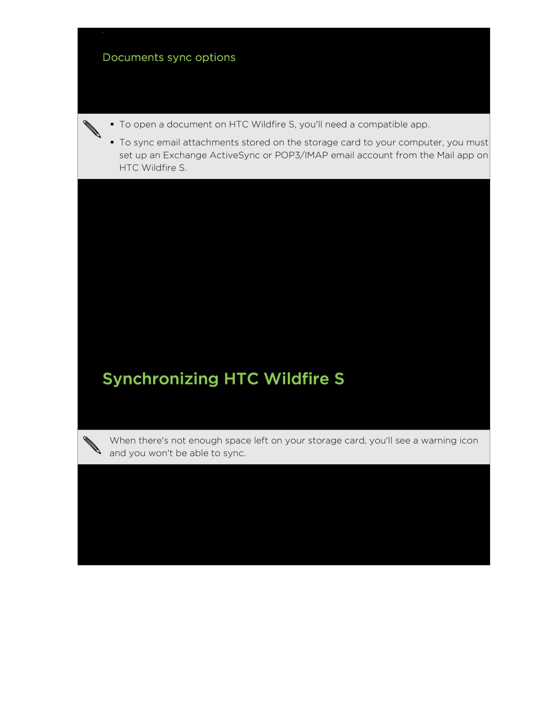 HTC manual Synchronizing HTC Wildfire S, Documents sync options 