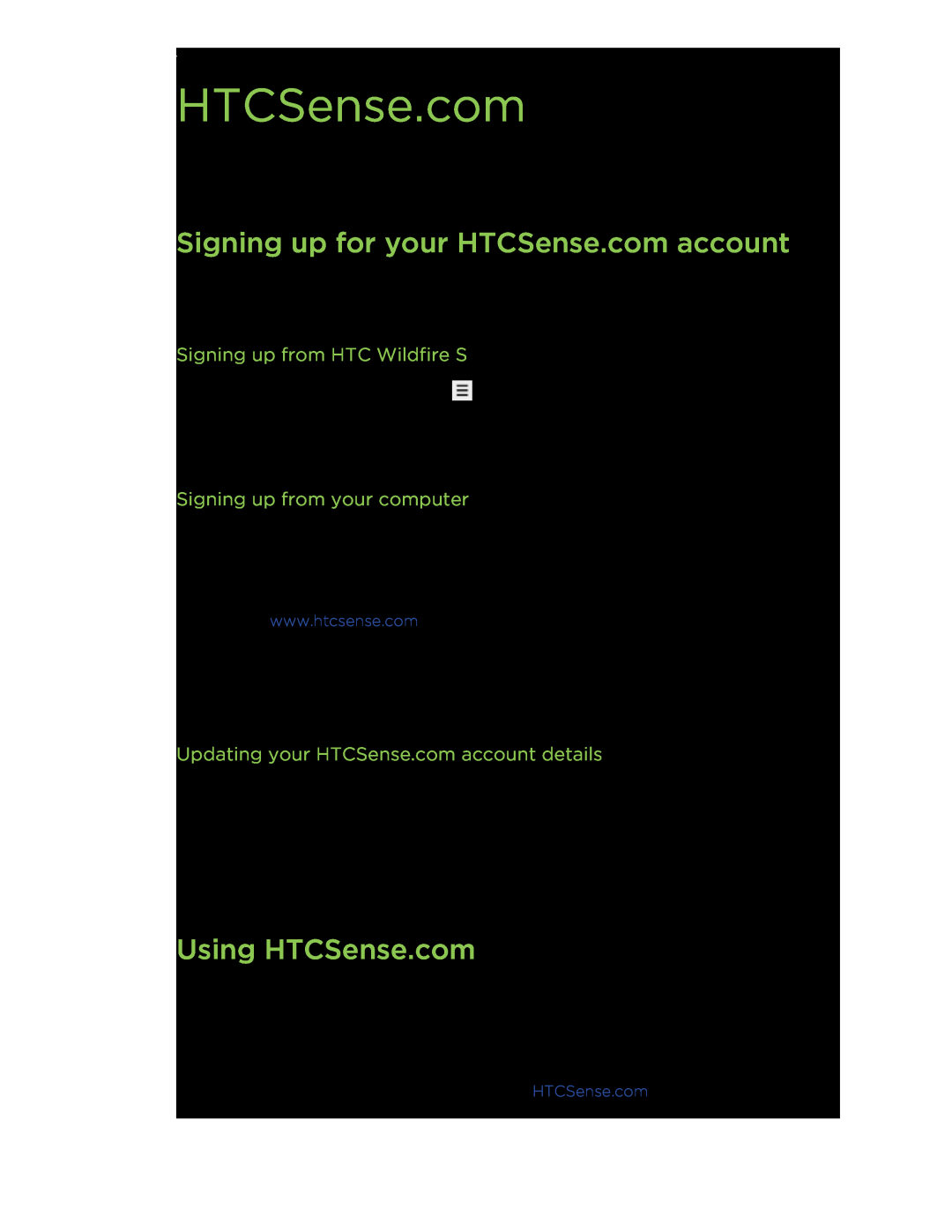 HTC manual Signing up for your HTCSense.com account, Using HTCSense.com, Signing up from HTC Wildfire S 