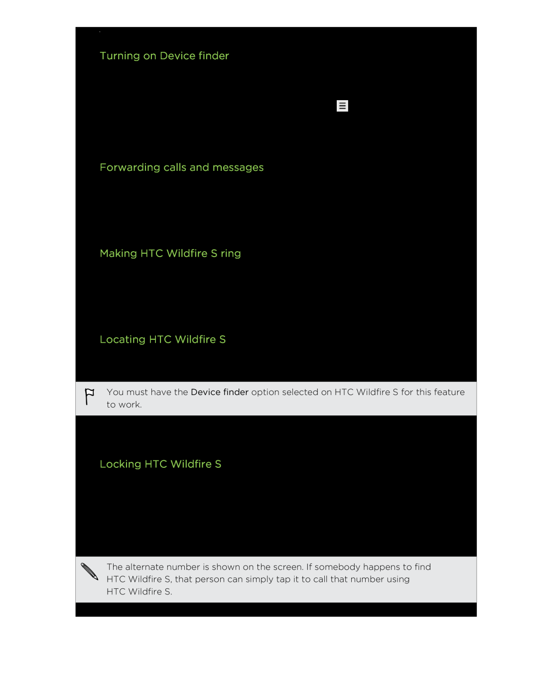 HTC manual Turning on Device finder, Forwarding calls and messages, Making HTC Wildfire S ring, Locating HTC Wildfire S 