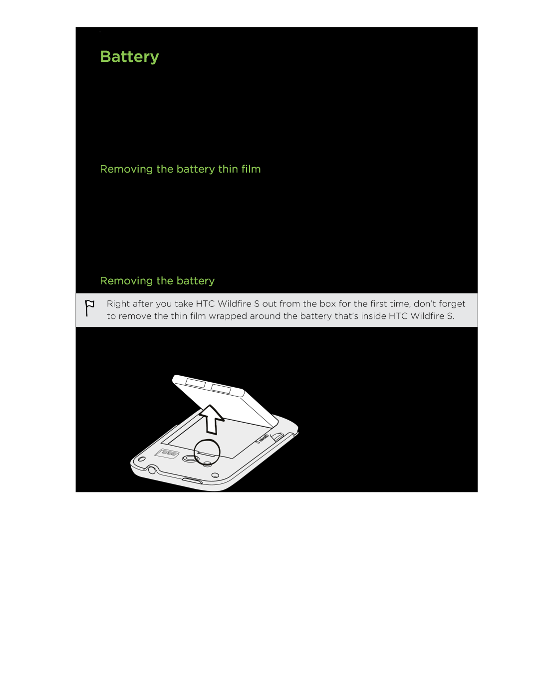 HTC S manual Battery, Removing the battery thin film 
